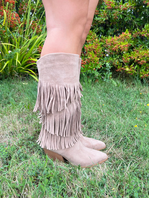 Dark Beige Fringe Faux Suede Cowboy Boots