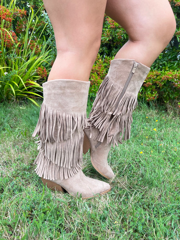 Dark Beige Fringe Faux Suede Cowboy Boots