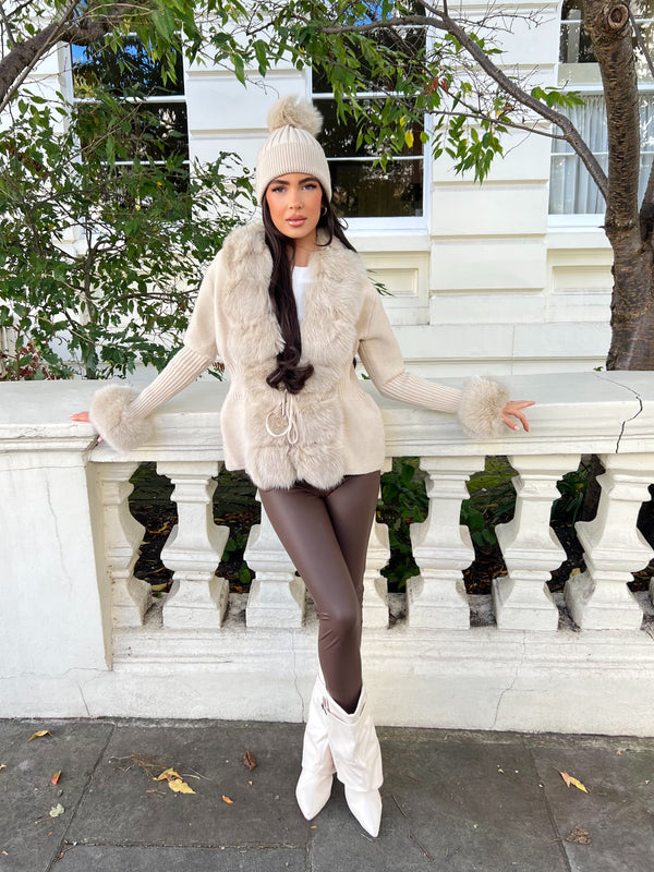 Beige Luxury Fur Bobble Hat