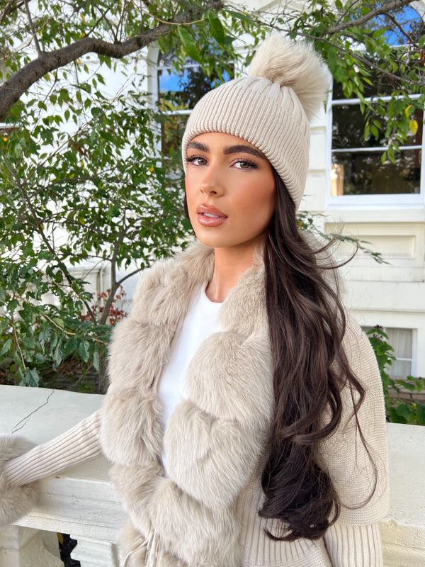 Beige Luxury Fur Bobble Hat