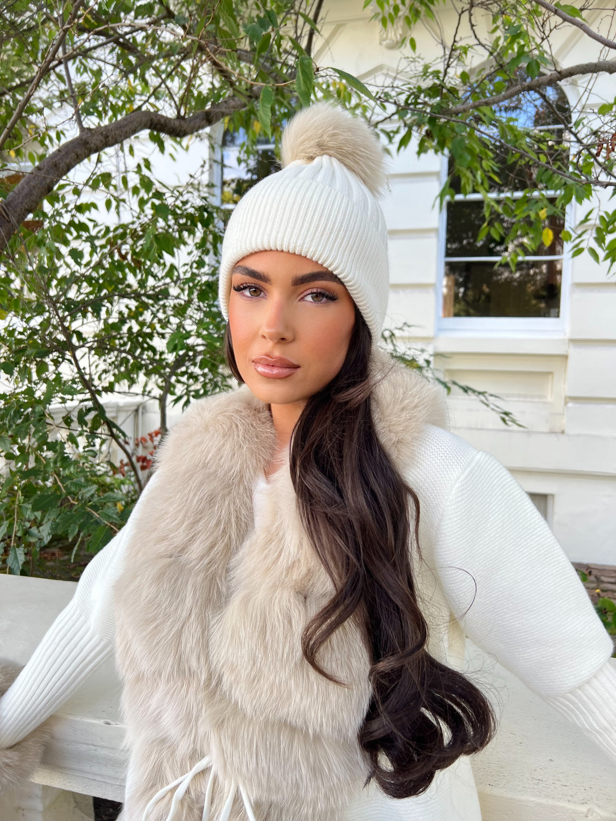 Cream Beige Luxury Fur Bobble Hat