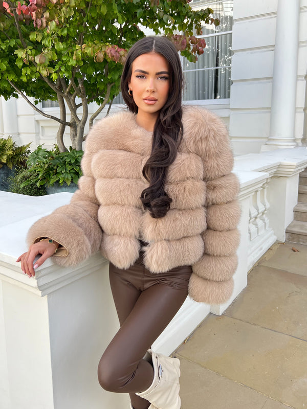 Tan Luxury Fur 5 Row Long Sleeve Jacket