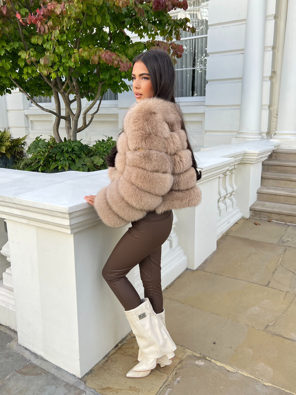 Tan Luxury Fur 5 Row Long Sleeve Jacket