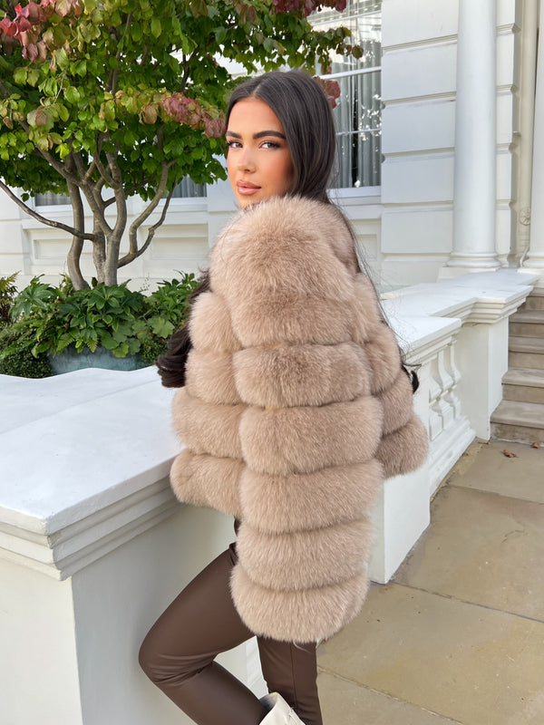 Tan Luxury Fur 5 Row Long Sleeve Jacket