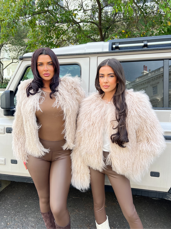 Beige Luxury Mongolian Lamb Fur Coat
