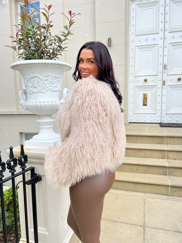 Beige Luxury Mongolian Lamb Fur Coat