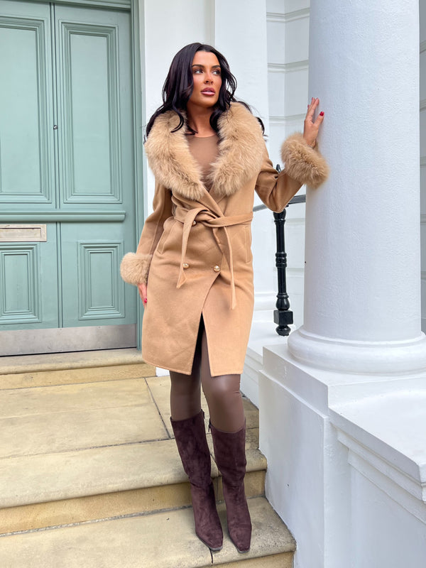 Camel Luxury Fur Cashmere Coat
