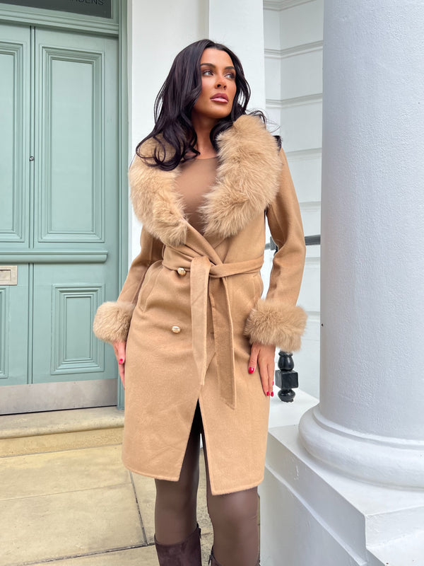 Camel Luxury Fur Cashmere Coat