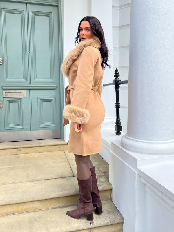 Camel Luxury Fur Cashmere Coat