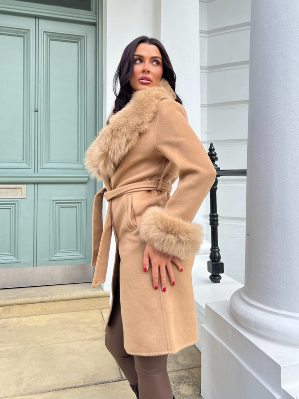 Camel Luxury Fur Cashmere Coat