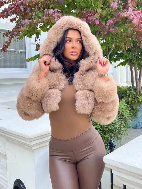 Tan Luxury Fur Hooded Jacket