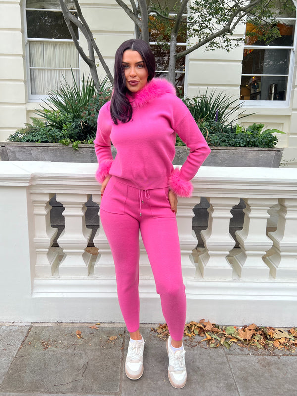 Hot Pink Luxury Fur Trim Hood & Cuff Jogger Tracksuit