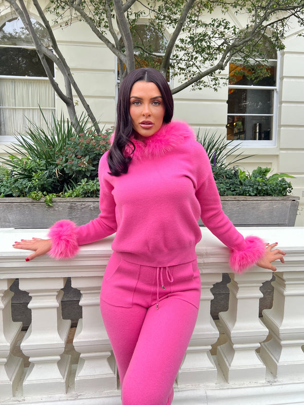 Hot Pink Luxury Fur Trim Hood & Cuff Jogger Tracksuit