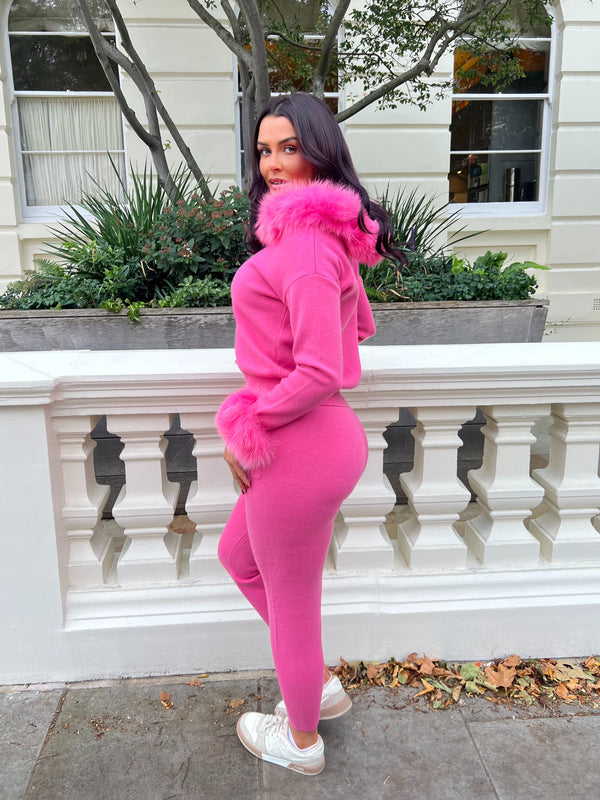 Hot Pink Luxury Fur Trim Hood & Cuff Jogger Tracksuit