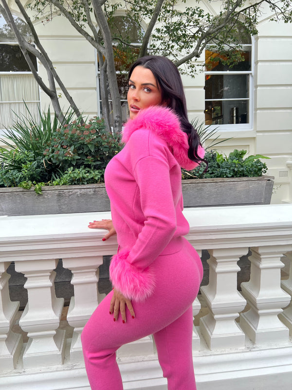 Hot Pink Luxury Fur Trim Hood & Cuff Jogger Tracksuit