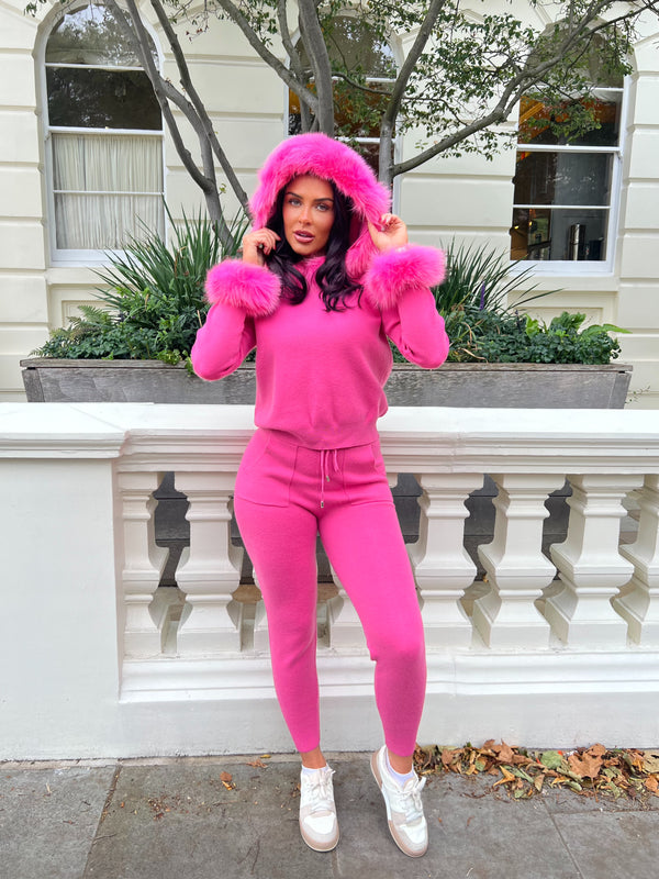 Hot Pink Luxury Fur Trim Hood & Cuff Jogger Tracksuit