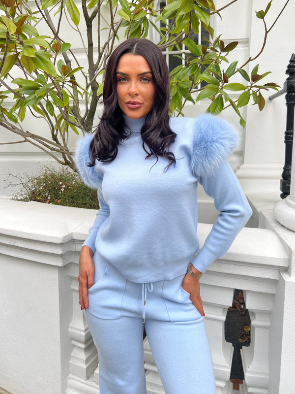 Baby Blue Luxury Fur Roll Neck Wide Leg Tracksuit