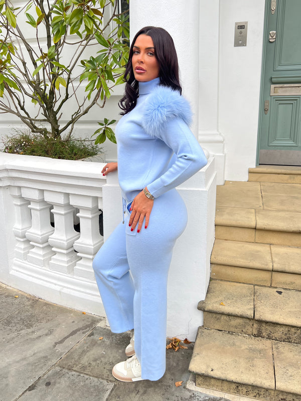 Baby Blue Luxury Fur Roll Neck Wide Leg Tracksuit