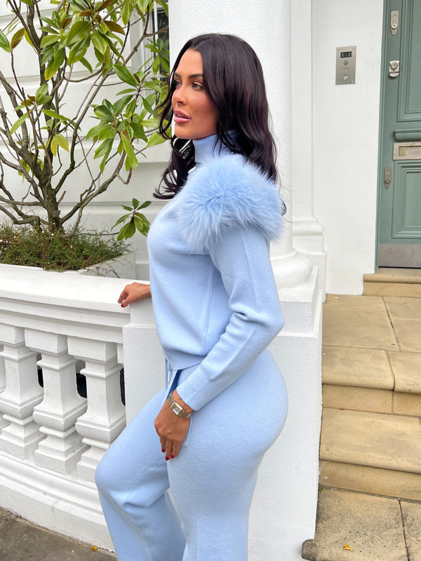 Baby Blue Luxury Fur Roll Neck Wide Leg Tracksuit