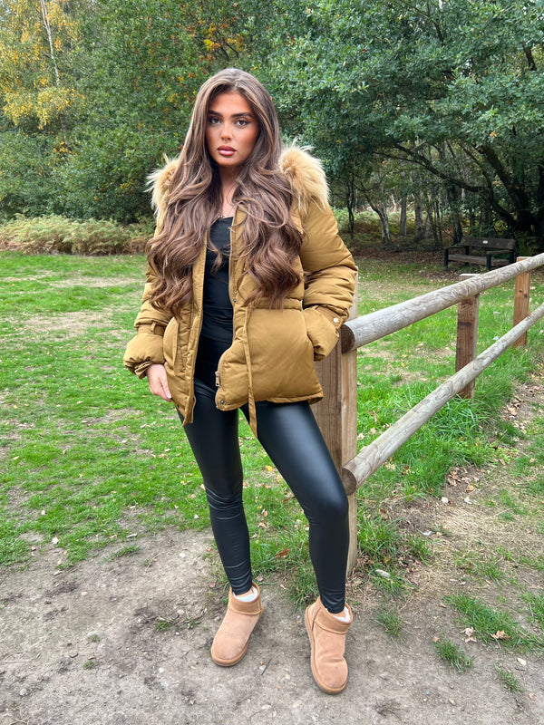 Camel Drawstring Luxury Fur Padded Belted Coat