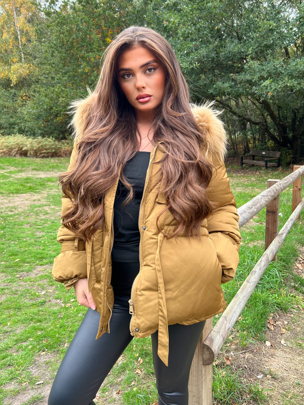 Camel Drawstring Luxury Fur Padded Belted Coat