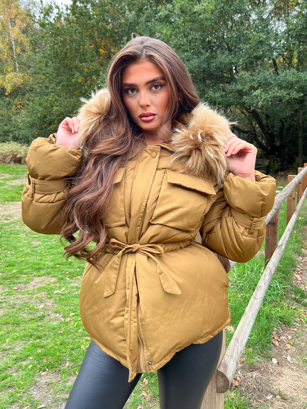 Camel Drawstring Luxury Fur Padded Belted Coat