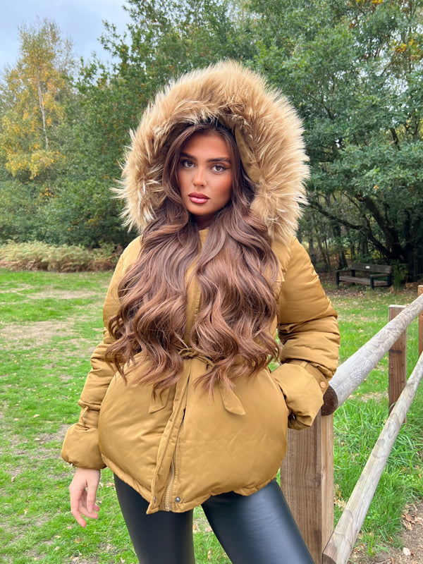 Camel Drawstring Luxury Fur Padded Belted Coat