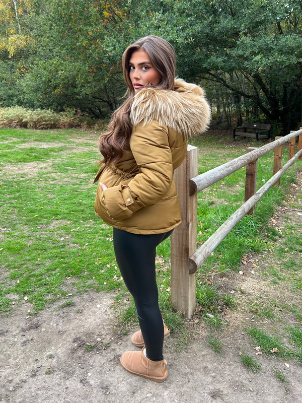 Camel Drawstring Luxury Fur Padded Belted Coat