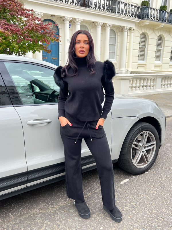 Black Luxury Fur Roll Neck Wide Leg Tracksuit