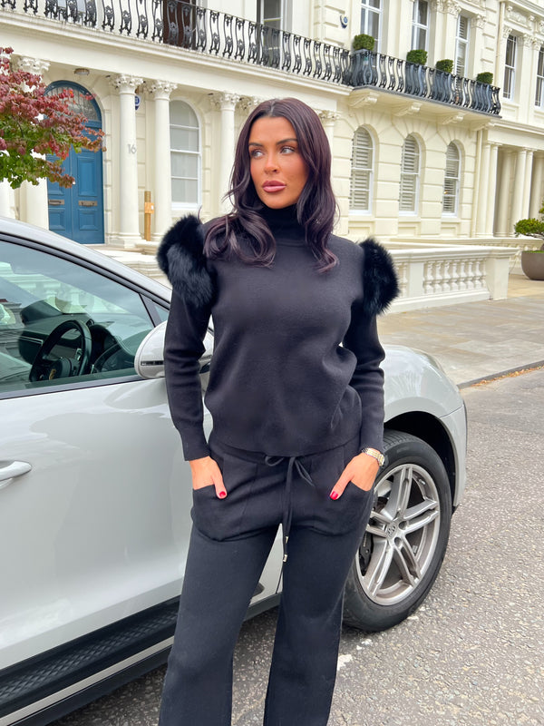 Black Luxury Fur Roll Neck Wide Leg Tracksuit