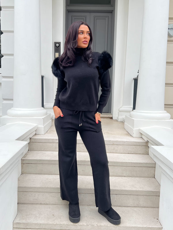 Black Luxury Fur Roll Neck Wide Leg Tracksuit