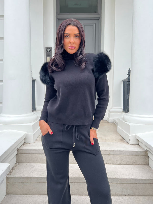 Black Luxury Fur Roll Neck Wide Leg Tracksuit