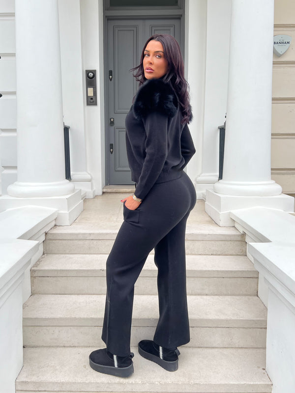 Black Luxury Fur Roll Neck Wide Leg Tracksuit