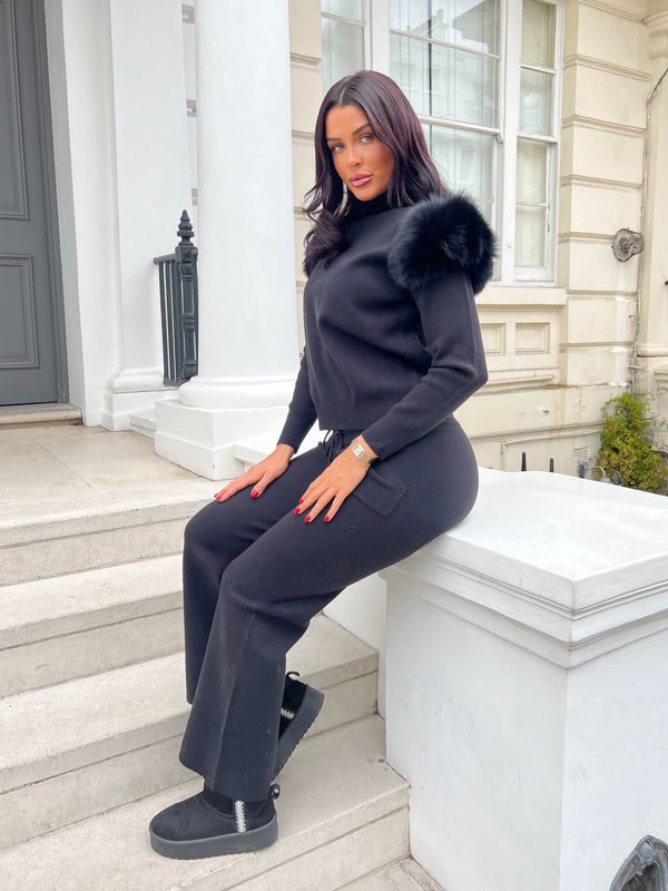 Black Luxury Fur Roll Neck Wide Leg Tracksuit