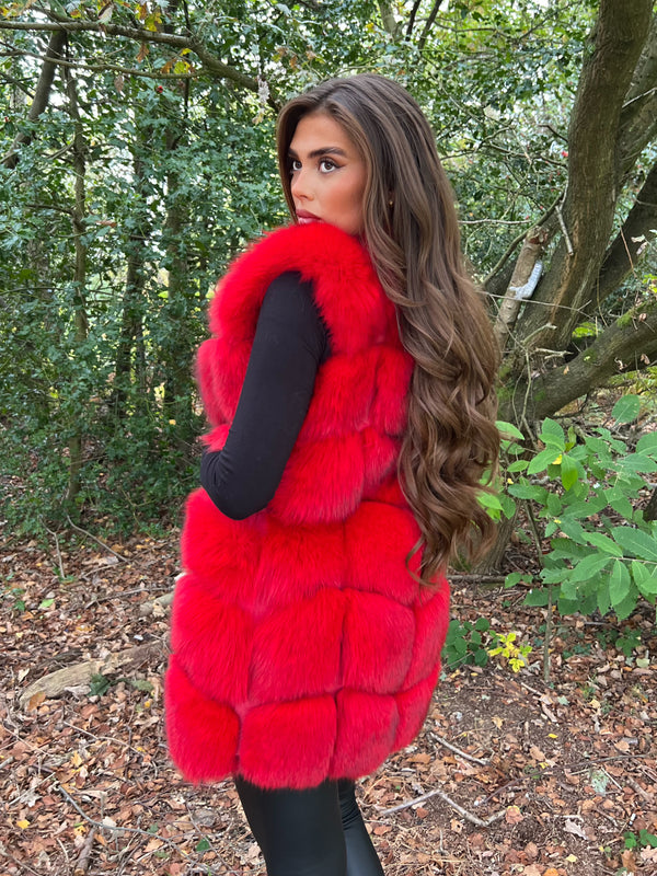 Red Luxury Fur Square Pelt Gilet Sample