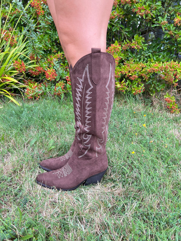 Chocolate Knee High Faux Suede Western Cowboy Boots