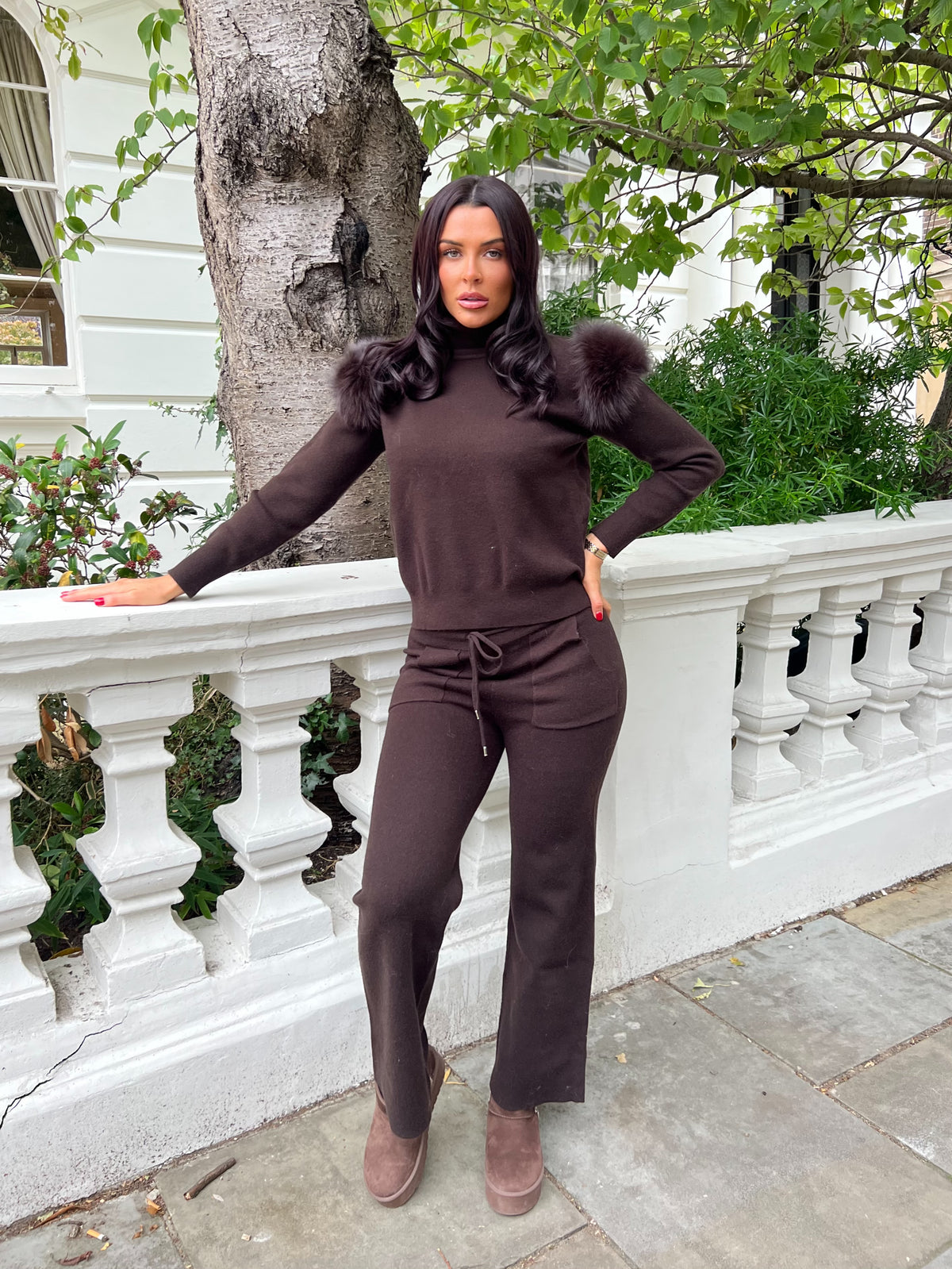 Chocolate Luxury Fur Roll Neck Wide Leg Tracksuit