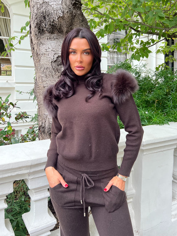 Chocolate Luxury Fur Roll Neck Wide Leg Tracksuit