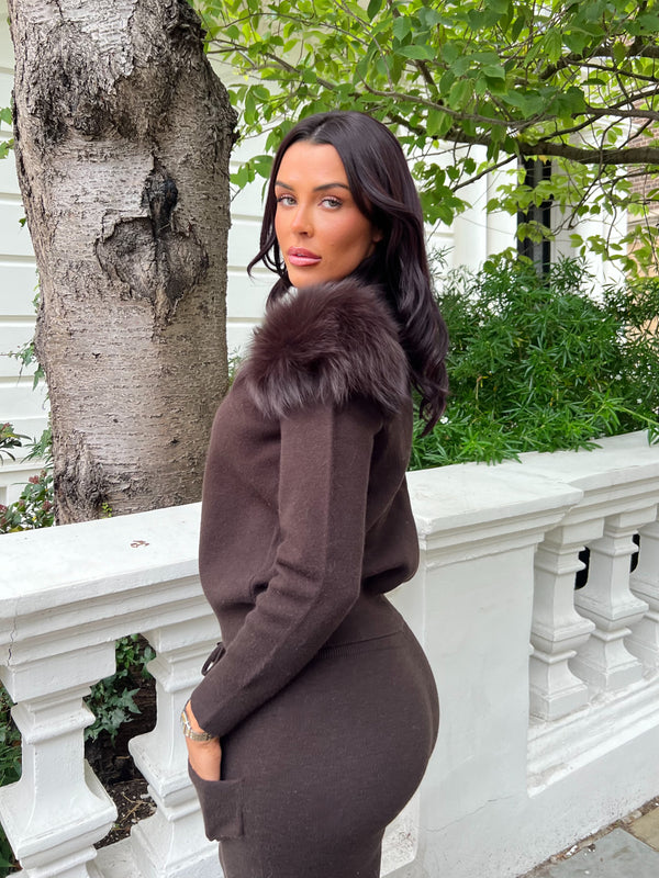 Chocolate Luxury Fur Roll Neck Wide Leg Tracksuit