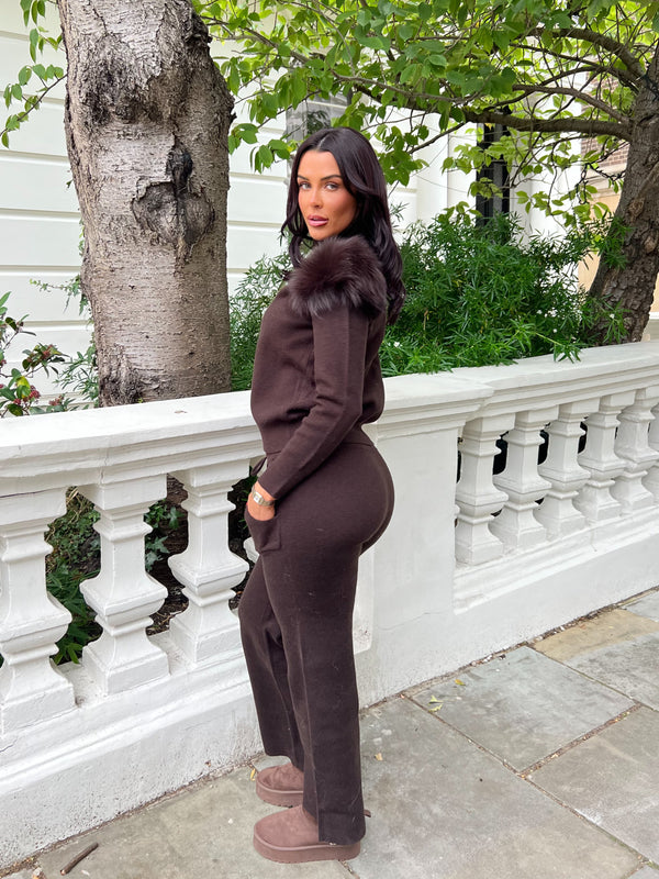 Chocolate Luxury Fur Roll Neck Wide Leg Tracksuit