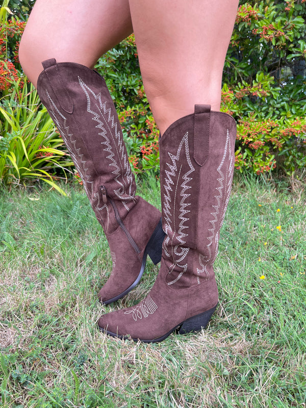 Chocolate Knee High Faux Suede Western Cowboy Boots