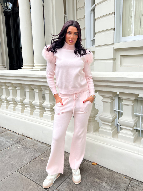 Baby Pink Luxury Fur Roll Neck Wide Leg Tracksuit