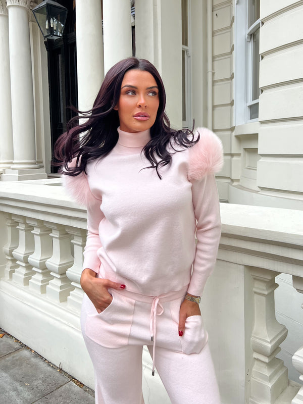Baby Pink Luxury Fur Roll Neck Wide Leg Tracksuit