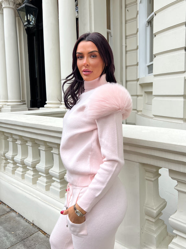 Baby Pink Luxury Fur Roll Neck Wide Leg Tracksuit
