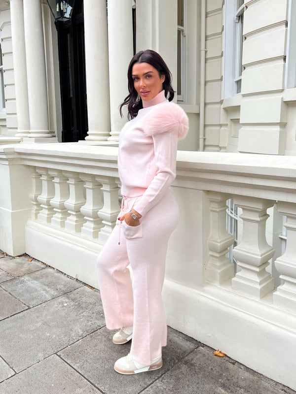 Baby Pink Luxury Fur Roll Neck Wide Leg Tracksuit