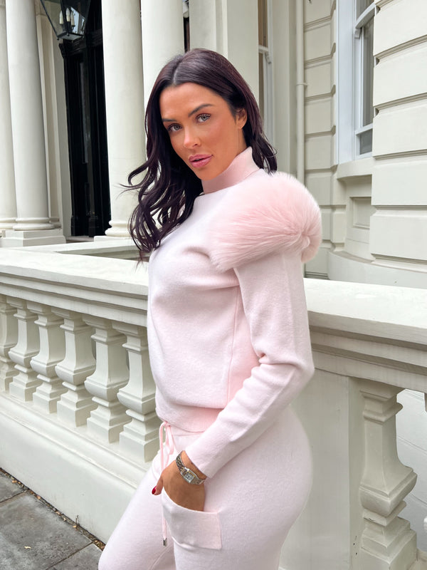 Baby Pink Luxury Fur Roll Neck Wide Leg Tracksuit