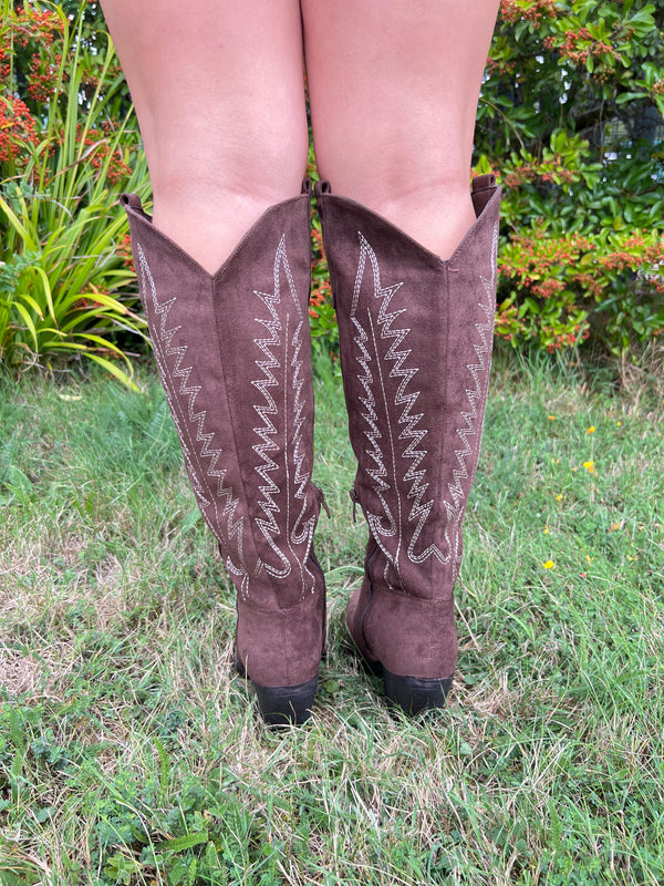 Chocolate Knee High Faux Suede Western Cowboy Boots