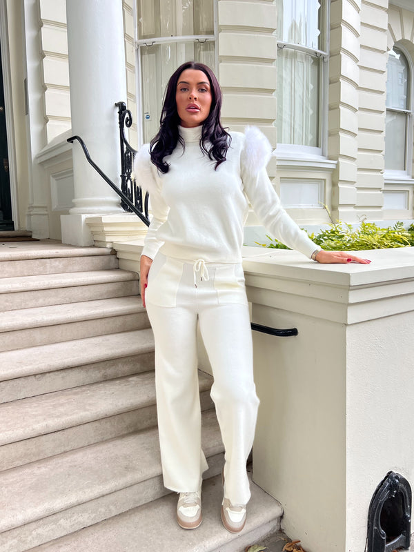 Cream Luxury Fur Roll Neck Wide Leg Tracksuit