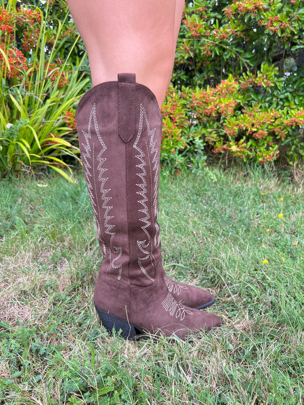Chocolate Knee High Faux Suede Western Cowboy Boots