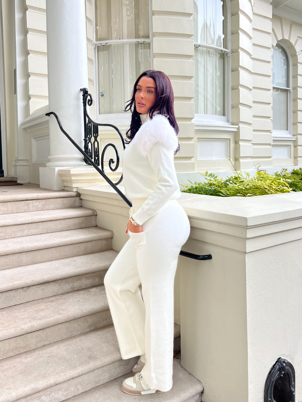Cream Luxury Fur Roll Neck Wide Leg Tracksuit